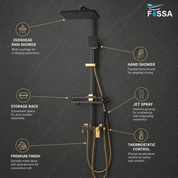 Fossa Aspire Shower Black Gold Wall Mounted 4-Function Brass