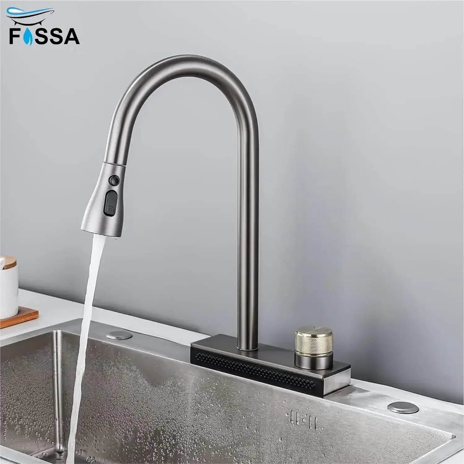 Rainfall Pull Out Four-Flow 360° Hot & Cold Stainless Steel Kitchen Mixer Faucet Black Grey