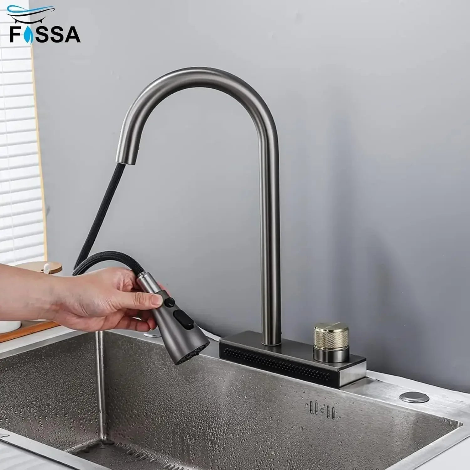 Rainfall Pull Out Four-Flow 360° Hot & Cold Stainless Steel Kitchen Mixer Faucet Black Grey