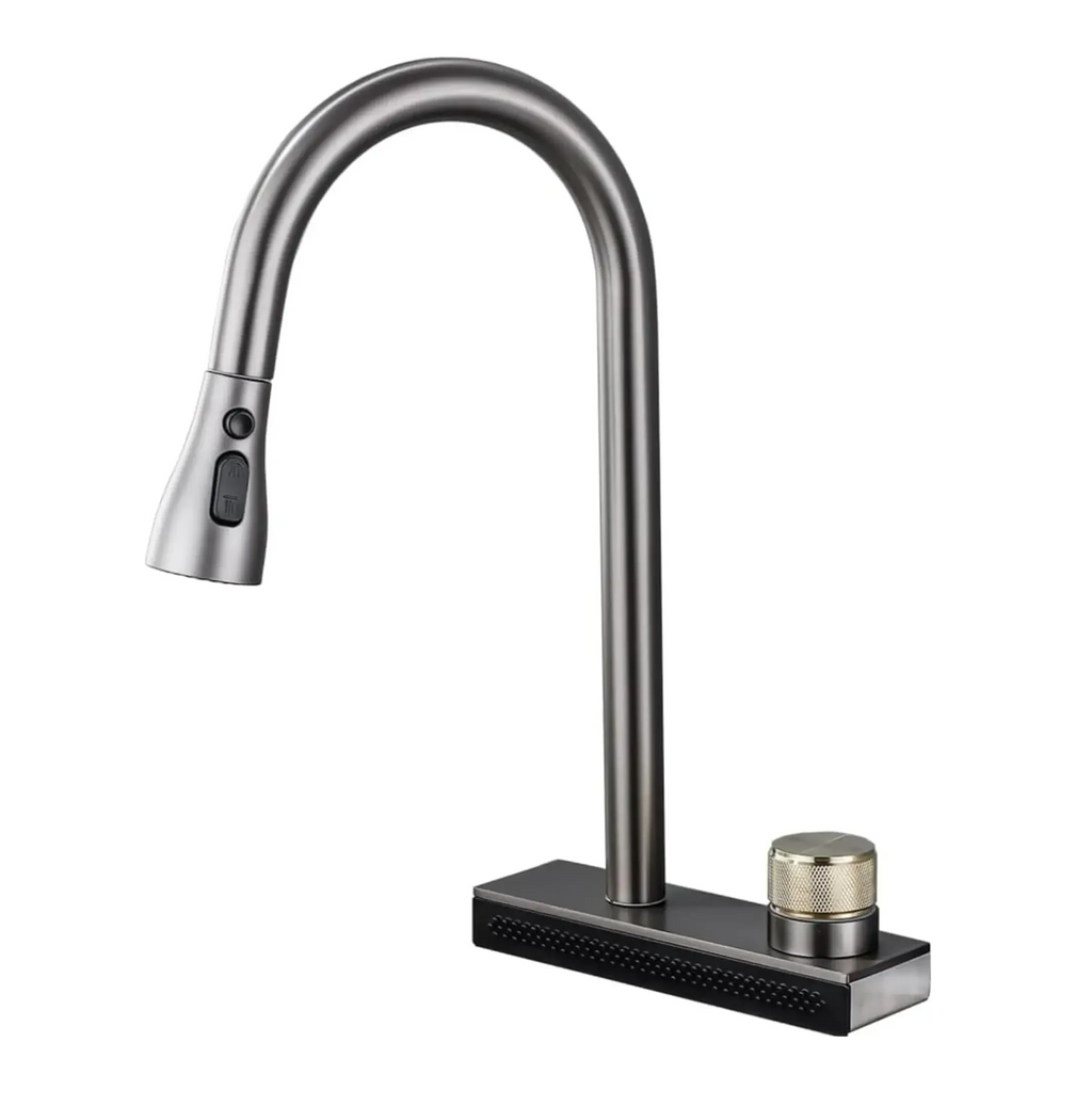 Rainfall Pull Out Four-Flow 360° Hot & Cold Stainless Steel Kitchen Mixer Faucet Black Grey