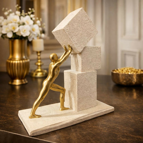 Dynamic Human figure pushing geometric blocks