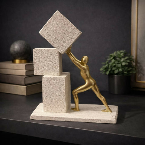 Dynamic Human figure pushing geometric blocks