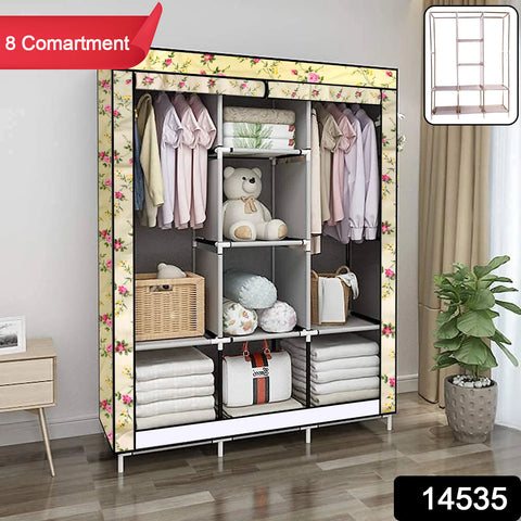 8 Compartment Portable Fabric Wardrobe Closet with Hanging Rods & Storage Shelves