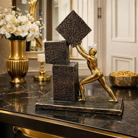 Dynamic Human figure pushing geometric blocks