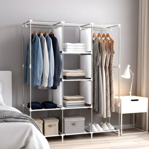8 Compartment Portable Fabric Wardrobe Closet with Hanging Rods & Storage Shelves
