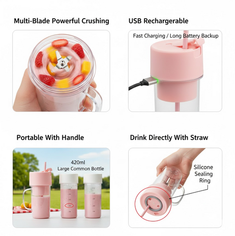 Portable USB Rechargeable Juicer With Handle & Straw - 420ml