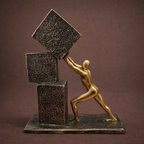 Dynamic Human figure pushing geometric blocks
