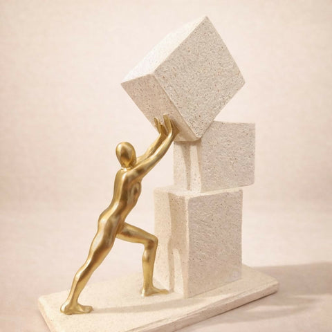 Dynamic Human figure pushing geometric blocks